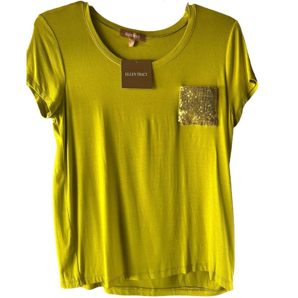 Ellen Tracy Lime Green Classic Tee with Gold Sequin Pocket Detaling Size Large